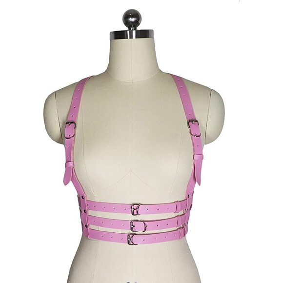 Pink Leather Waist Shoulder Harness Garter Belt Waistband Slave Fetish Bondage - Picture 4 of 7